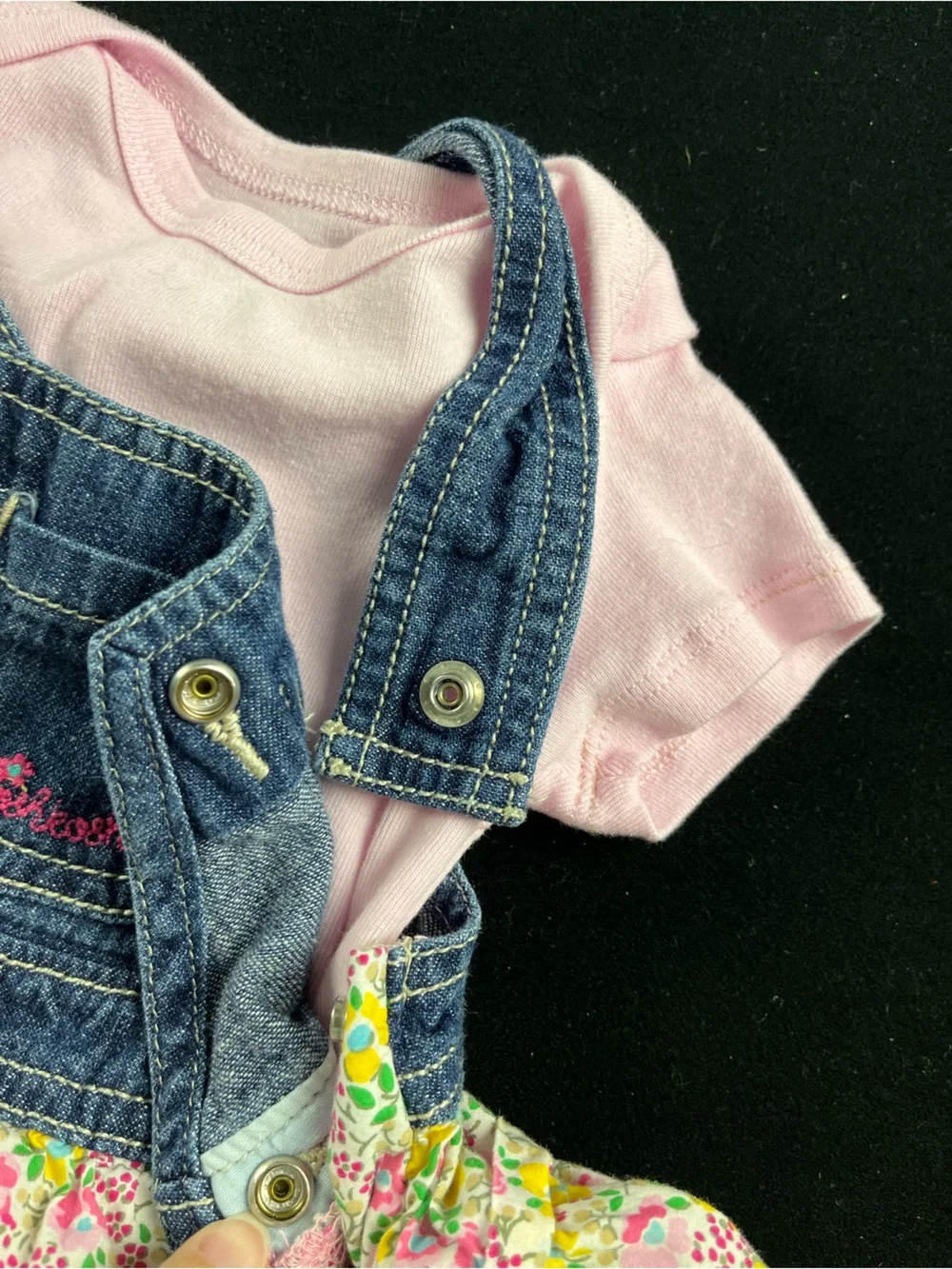 Oshkosh Denim Floral Ruffle Overalls - Pink & Yellow Girls' Bottoms